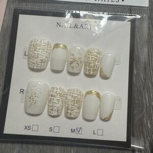 Press On Nails Medium Square White Gold Tweed‎ Pattern Nail Art Medium
